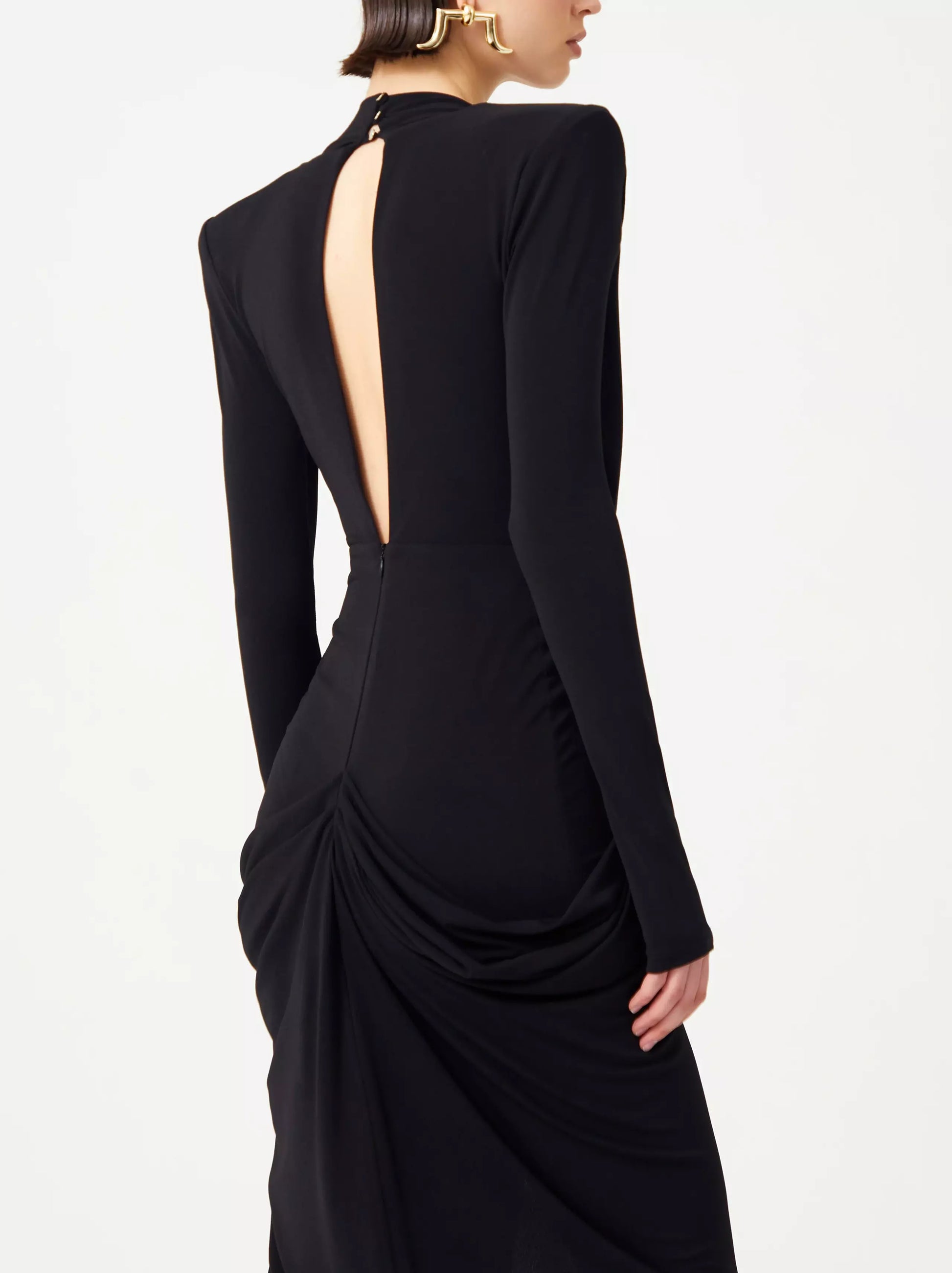 Elegant black plunge-neck draped stretch gown with beaded patch embroidery detail