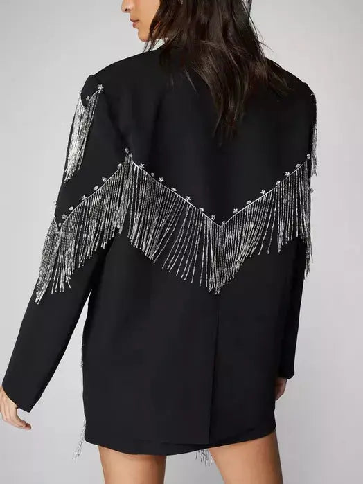 Black Premium Studded Fringe-Embellished Blazer - Jackets