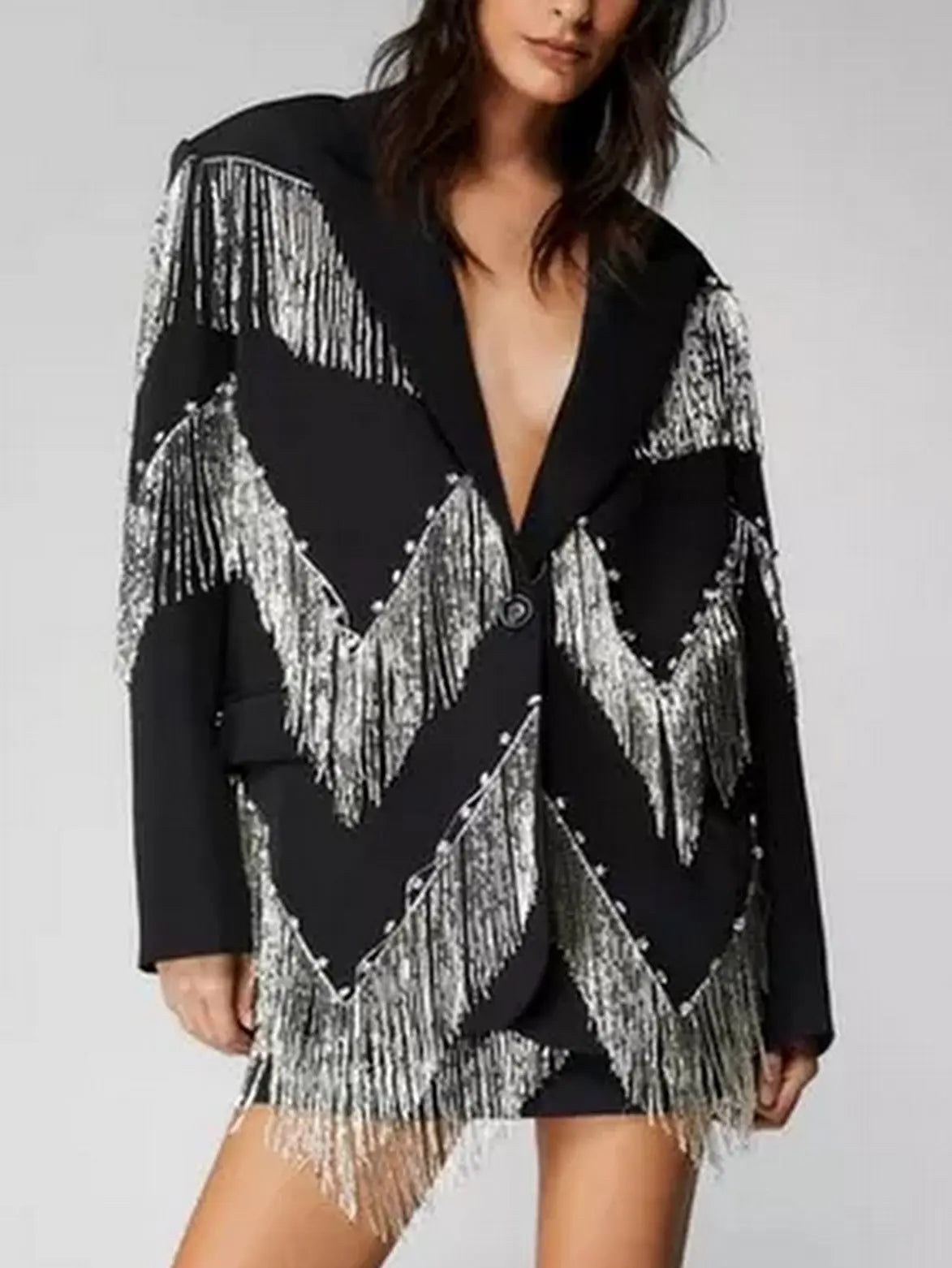 Black Premium Studded Fringe-Embellished Blazer - Jackets