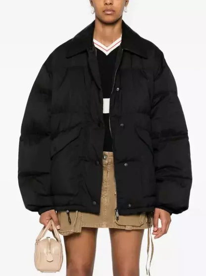 Black Puffer Down Jacket with Leather Collar - Jackets