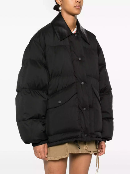 Black Puffer Down Jacket with Leather Collar - Jackets