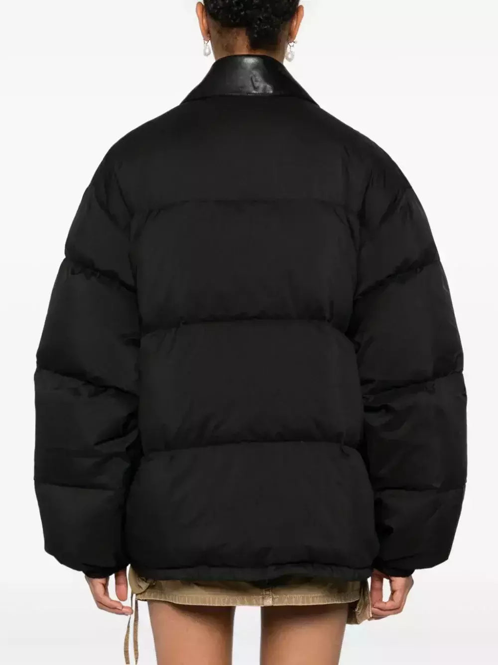 Black Puffer Down Jacket with Leather Collar - Jackets