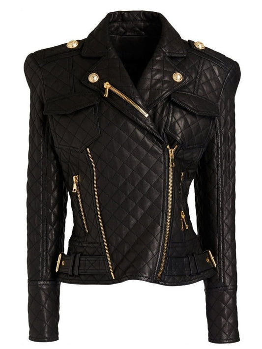 Black Quilted Leather Jacket with Gold Details - Jackets
