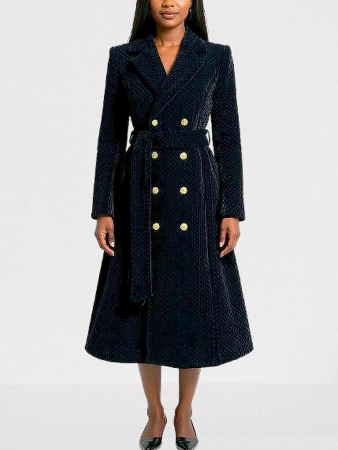 Black Quilted Velvet Coat with Gold Buttons - Coats