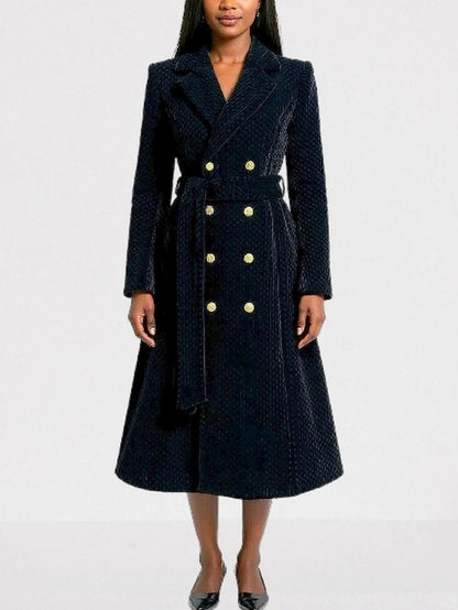 Black Quilted Velvet Coat with Gold Buttons - Coats