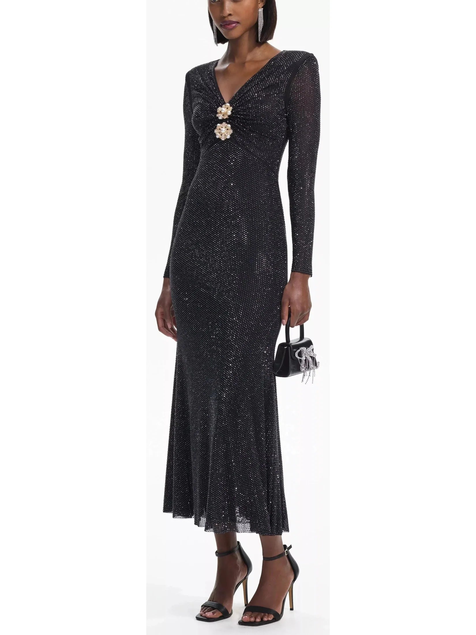 Black Rhinestone Mesh V-Neck Midi Dress - Dresses