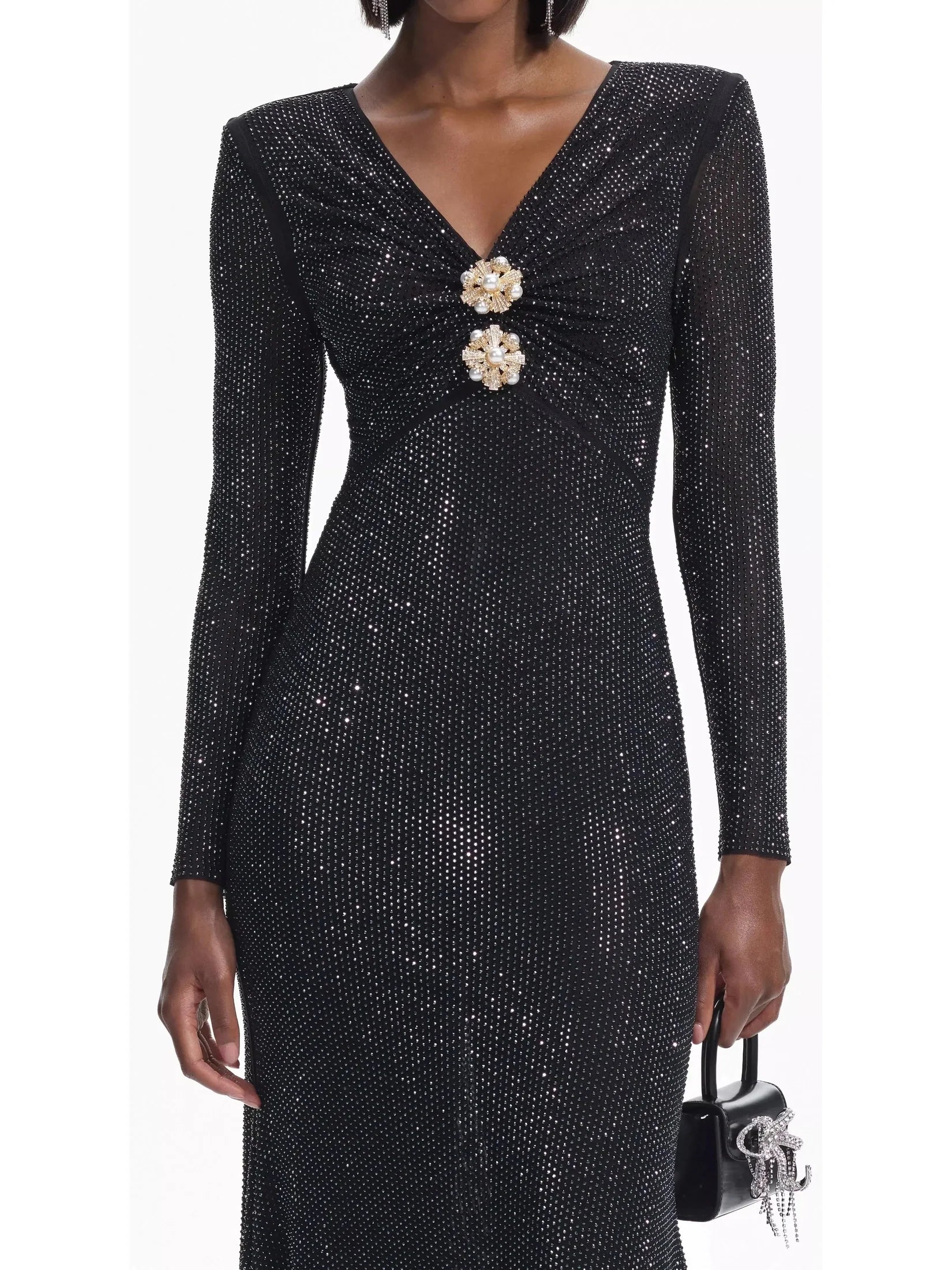 Black Rhinestone Mesh V-Neck Midi Dress - Dresses