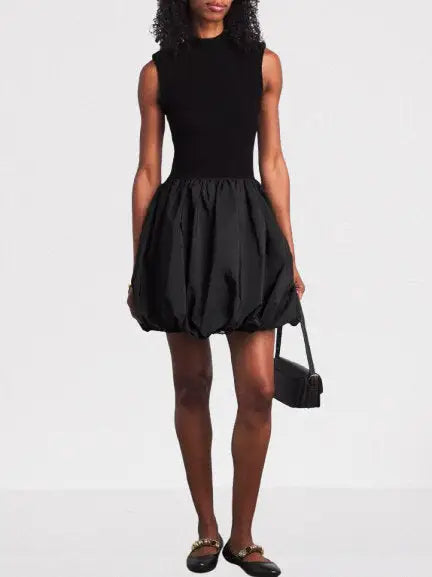 Black Rib-Knit Balloon-Skirt Mini Dress - Dresses