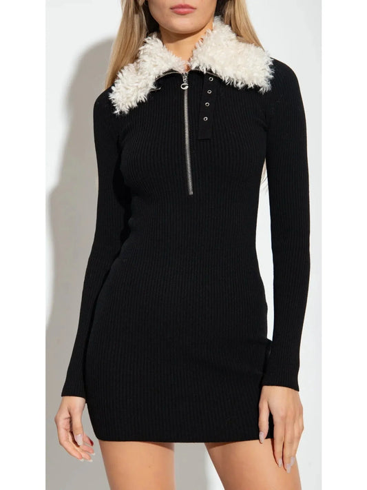 Black Ribbed Knit Dress with Faux-Fur Collar - Dresses