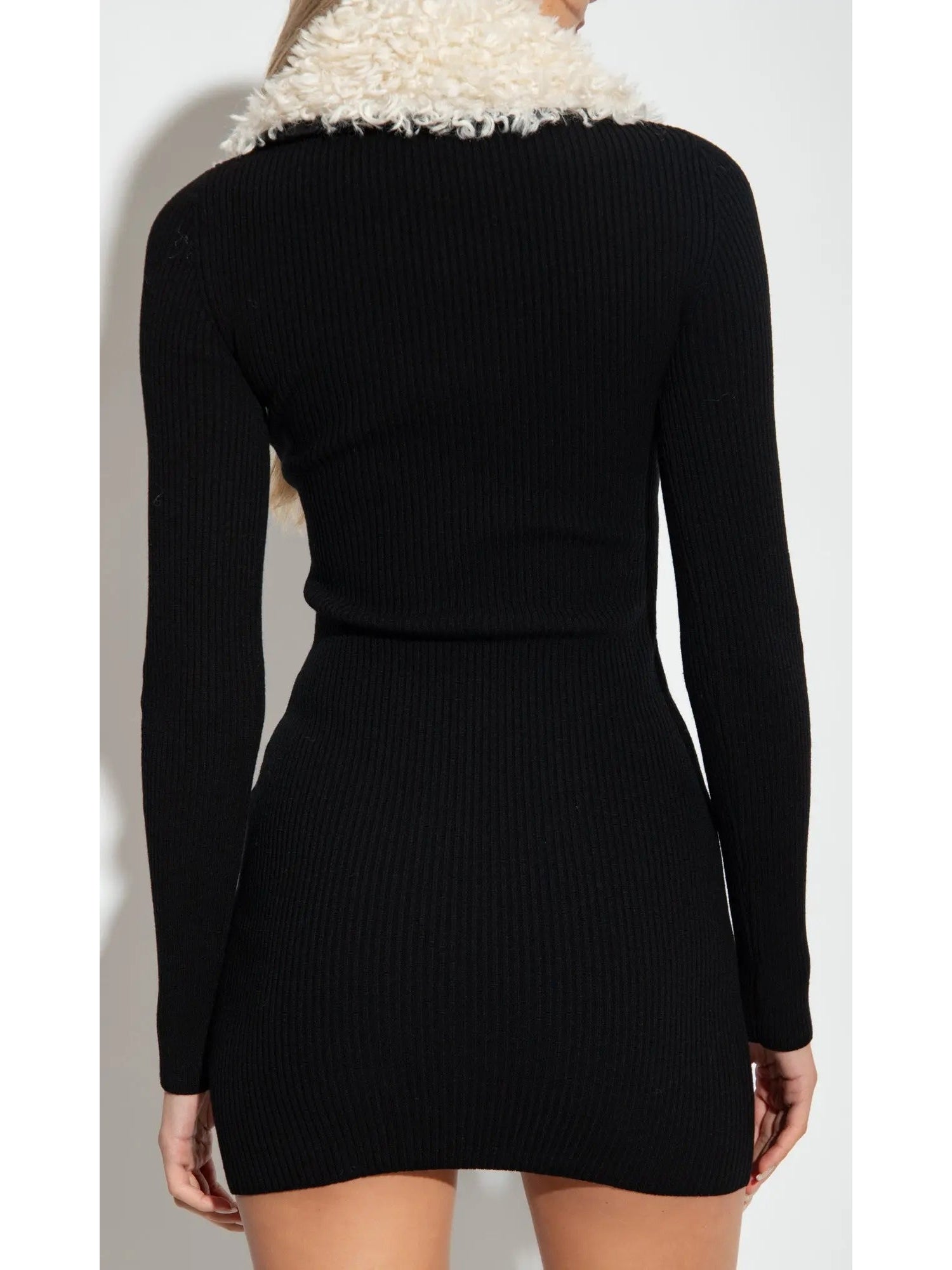 Black Ribbed Knit Dress with Faux-Fur Collar - Dresses