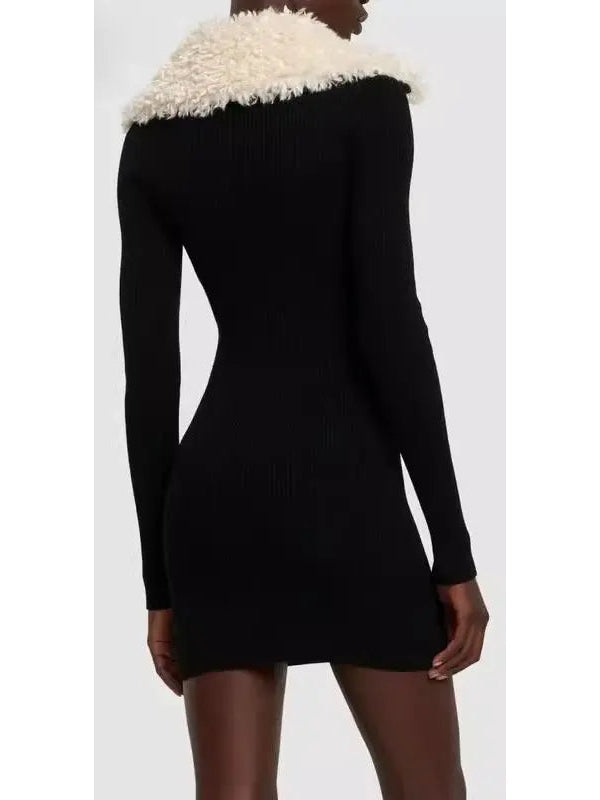 Black Ribbed Knit Dress with Faux-Fur Collar - Dresses