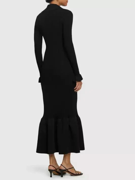 Black Ribbed Knit Fluted-Hem Midi Dress - Dresses