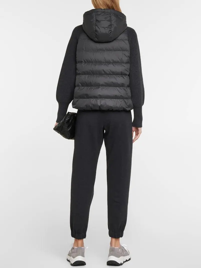 Black Ribbed-Knit Padded Vest-Jacket with Hood - Jackets