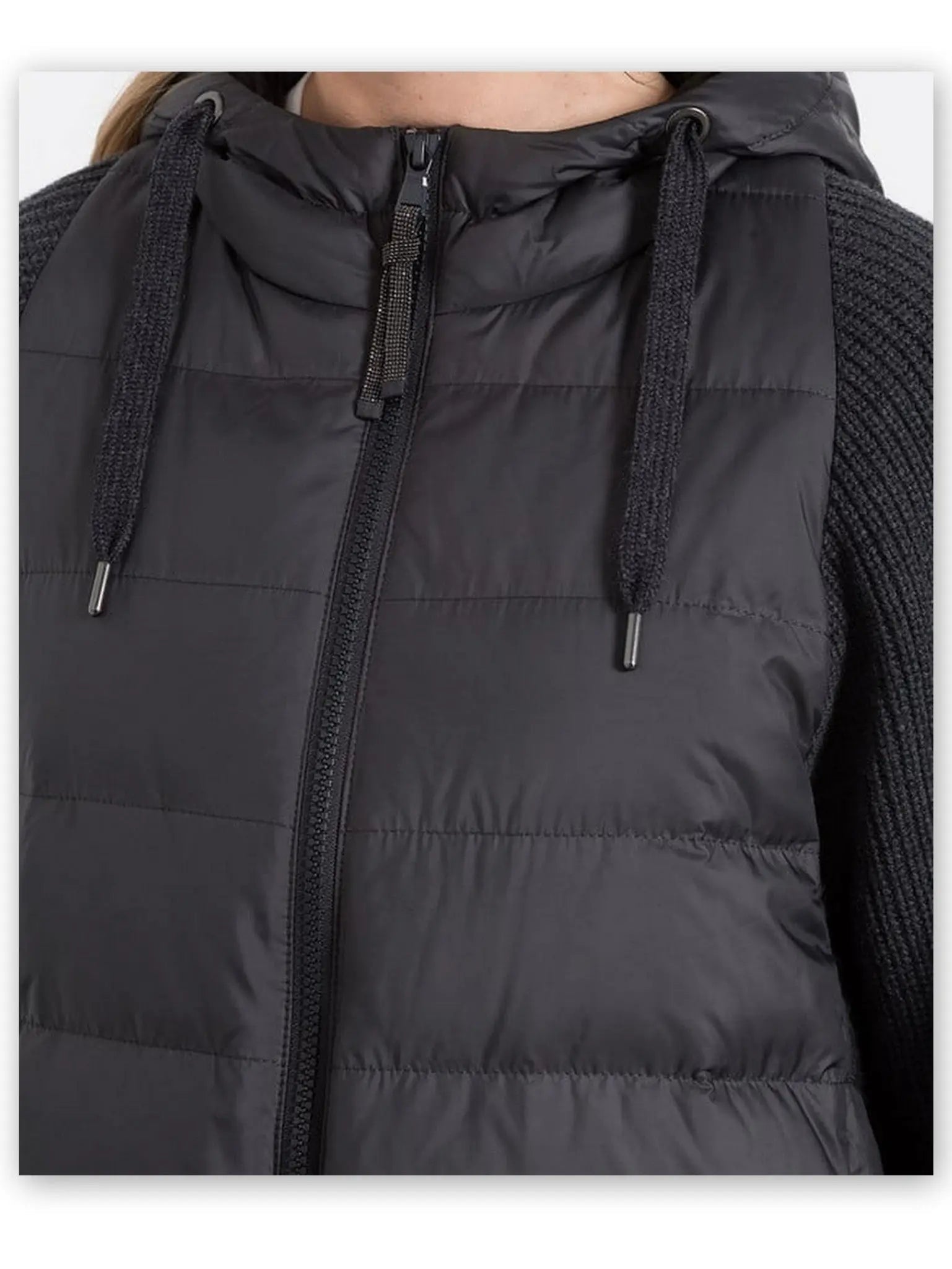 Black Ribbed-Knit Padded Vest-Jacket with Hood - Jackets