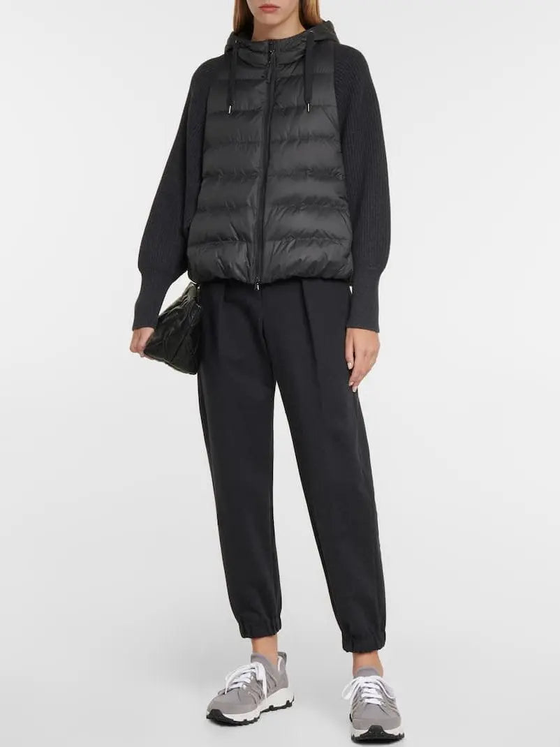 Black Ribbed-Knit Padded Vest-Jacket with Hood - Jackets