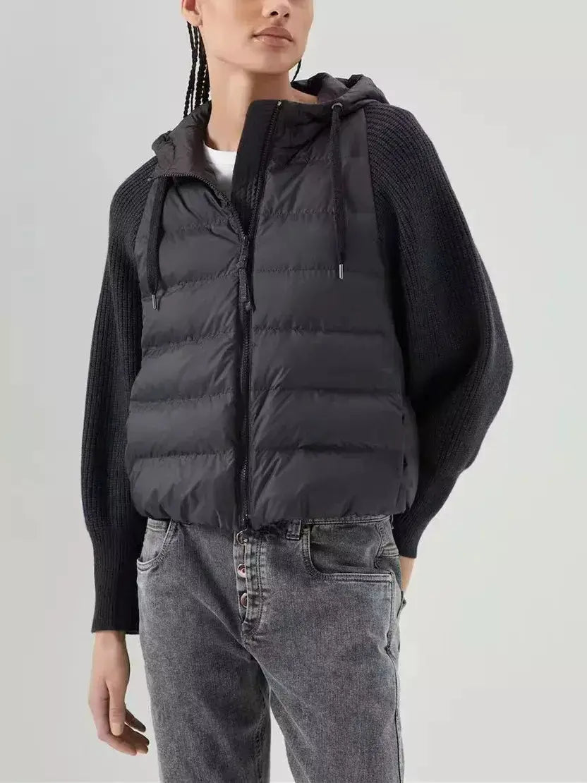 Black Ribbed-Knit Padded Vest-Jacket with Hood - Jackets