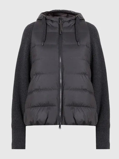 Black Ribbed-Knit Padded Vest-Jacket with Hood - Jackets