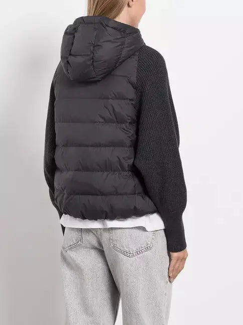 Black Ribbed-Knit Padded Vest-Jacket with Hood - Jackets