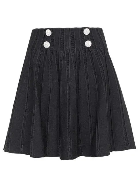 Black Ribbed Knit Skater Mini Skirt with Crystal Buttons - Skirts