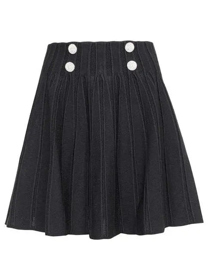 Black Ribbed Knit Skater Mini Skirt with Crystal Buttons - Skirts