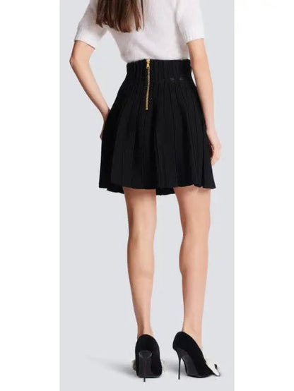 Black Ribbed Knit Skater Mini Skirt with Crystal Buttons - Skirts