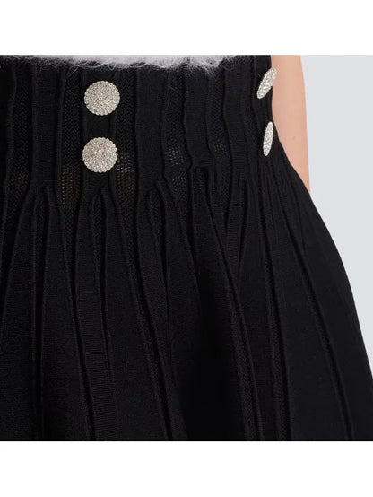 Black Ribbed Knit Skater Mini Skirt with Crystal Buttons - Skirts