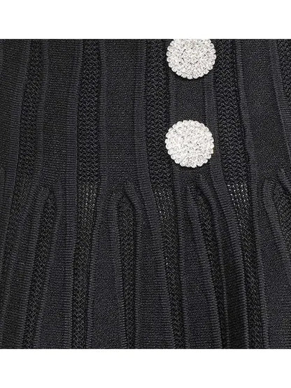 Black Ribbed Knit Skater Mini Skirt with Crystal Buttons - Skirts