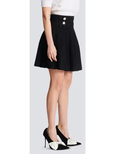 Black Ribbed Knit Skater Mini Skirt with Crystal Buttons - Skirts