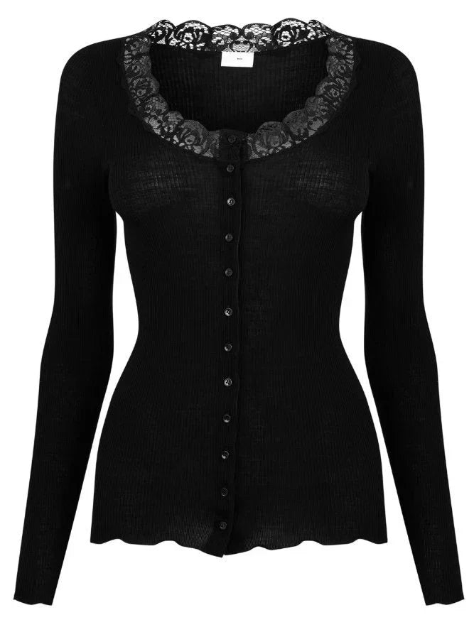 Black Ribbed Lace-Trim Cardigan Sweater - Sweaters & Knitwear