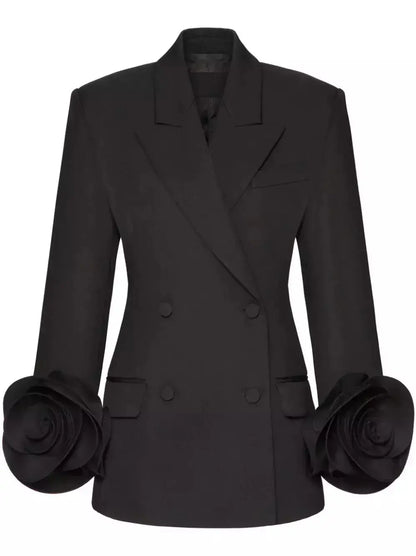 Black Rose-Applique Double-Breasted Blazer - Jackets