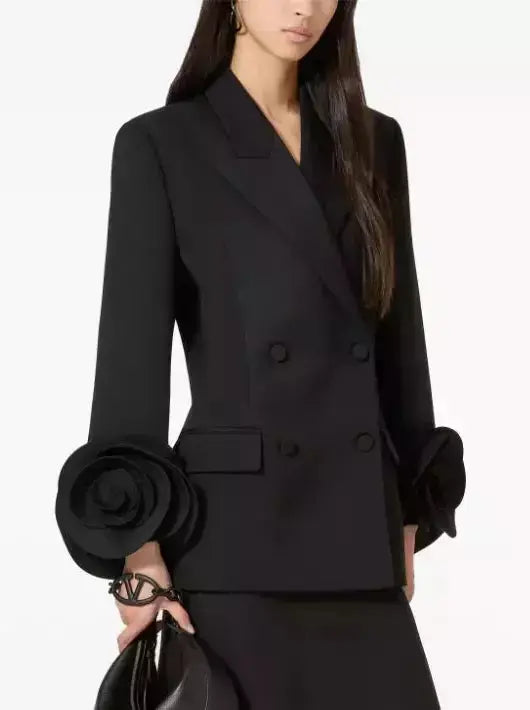 Black Rose-Applique Double-Breasted Blazer - Jackets