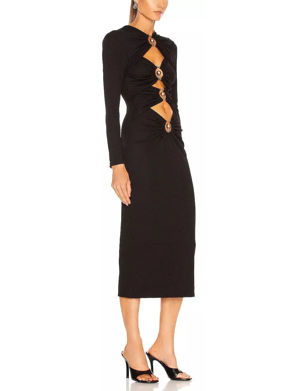 Black Ruched Column Long Sleeve Midi Dress - Dresses