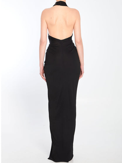 Black Ruched Halter Jersey Gown - Dresses