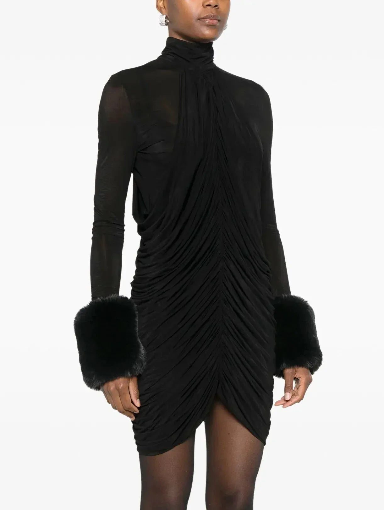 Black Ruched High-Neck Mini Dress with Fur Cuff Detail - Dresses