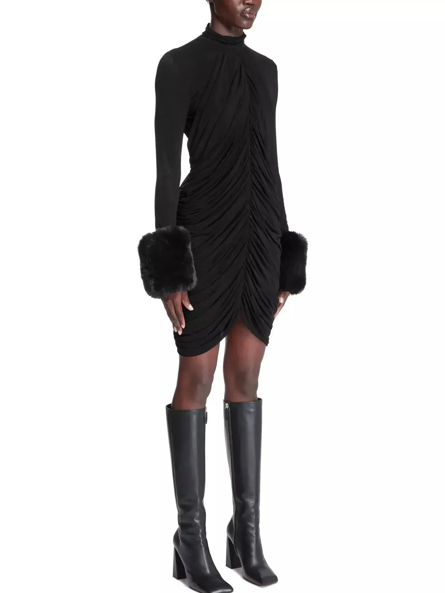 Black Ruched High-Neck Mini Dress with Fur Cuff Detail - Dresses