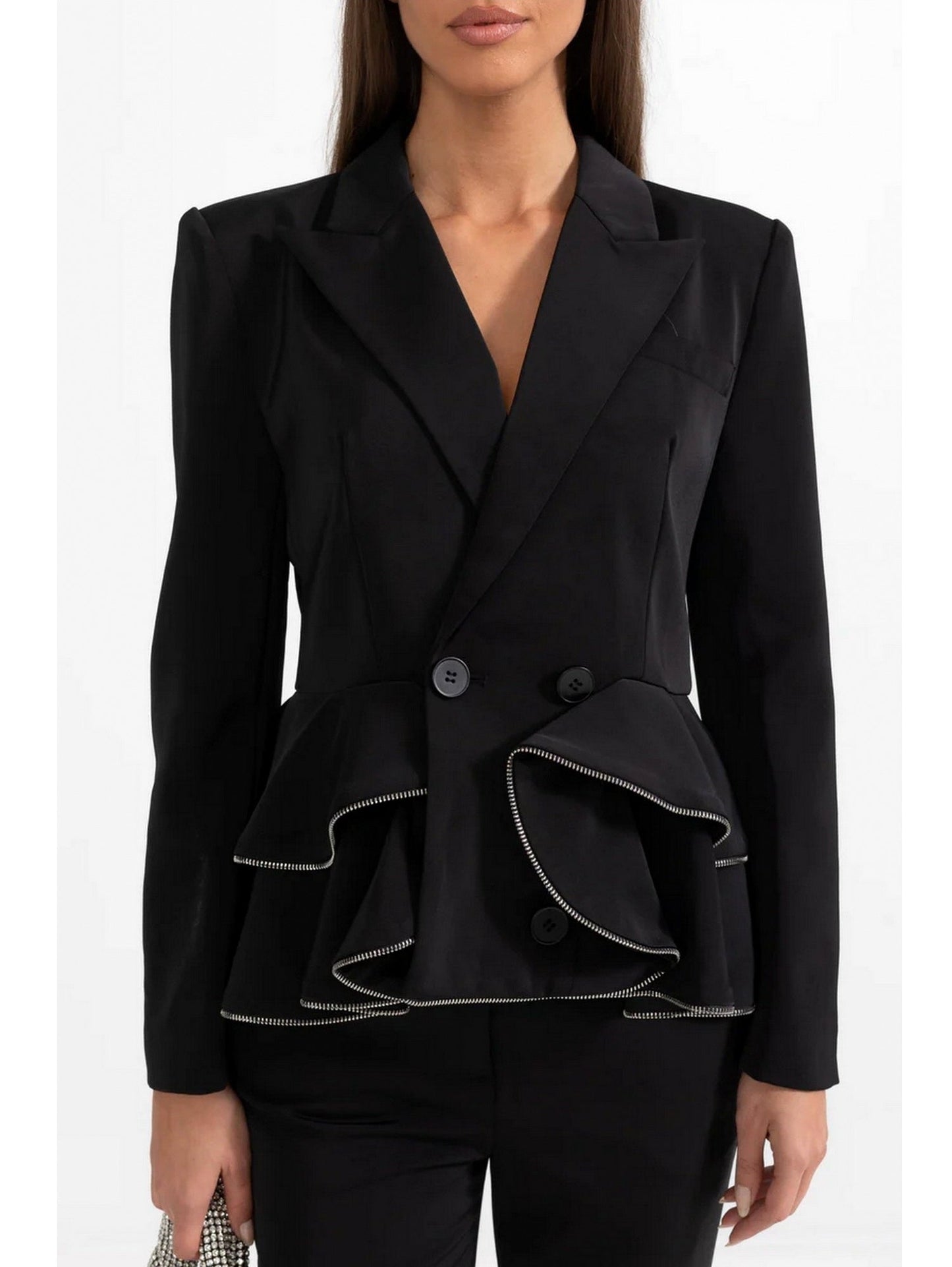 Black Ruffle Peplum Zip Blazer and Zip Pant Suit - Suits & Sets