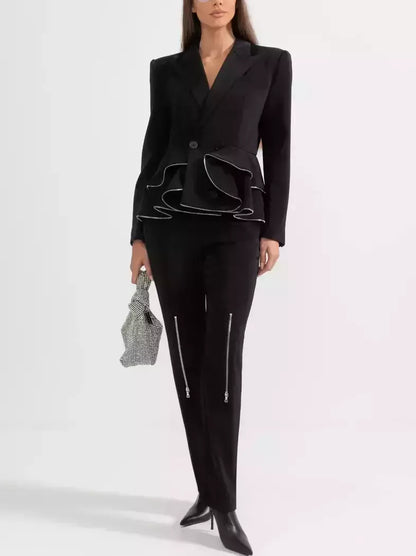 Black Ruffle Peplum Zip Blazer and Zip Pant Suit - Suits & Sets