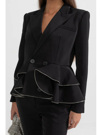 Black Ruffle Peplum Zip Blazer and Zip Pant Suit - Suits & Sets