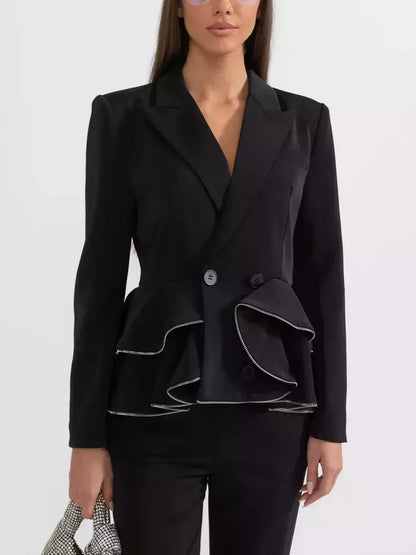 Black Ruffle Peplum Zip Blazer and Zip Pant Suit - Suits & Sets