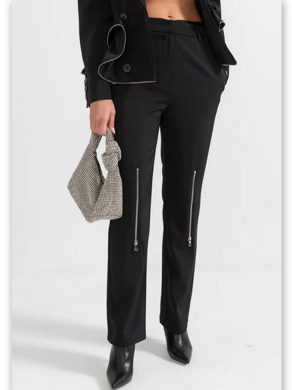 Black Ruffle Peplum Zip Blazer and Zip Pant Suit - Suits & Sets