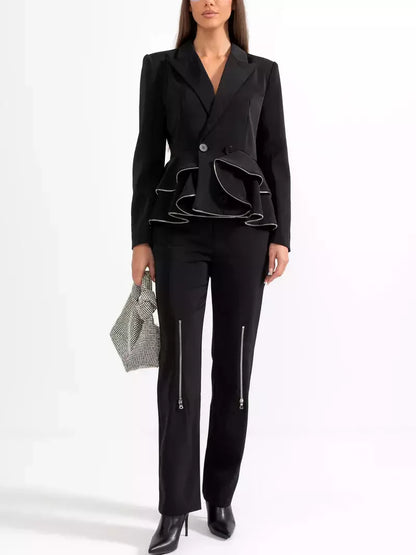 Black Ruffle Peplum Zip Blazer and Zip Pant Suit - Suits & Sets