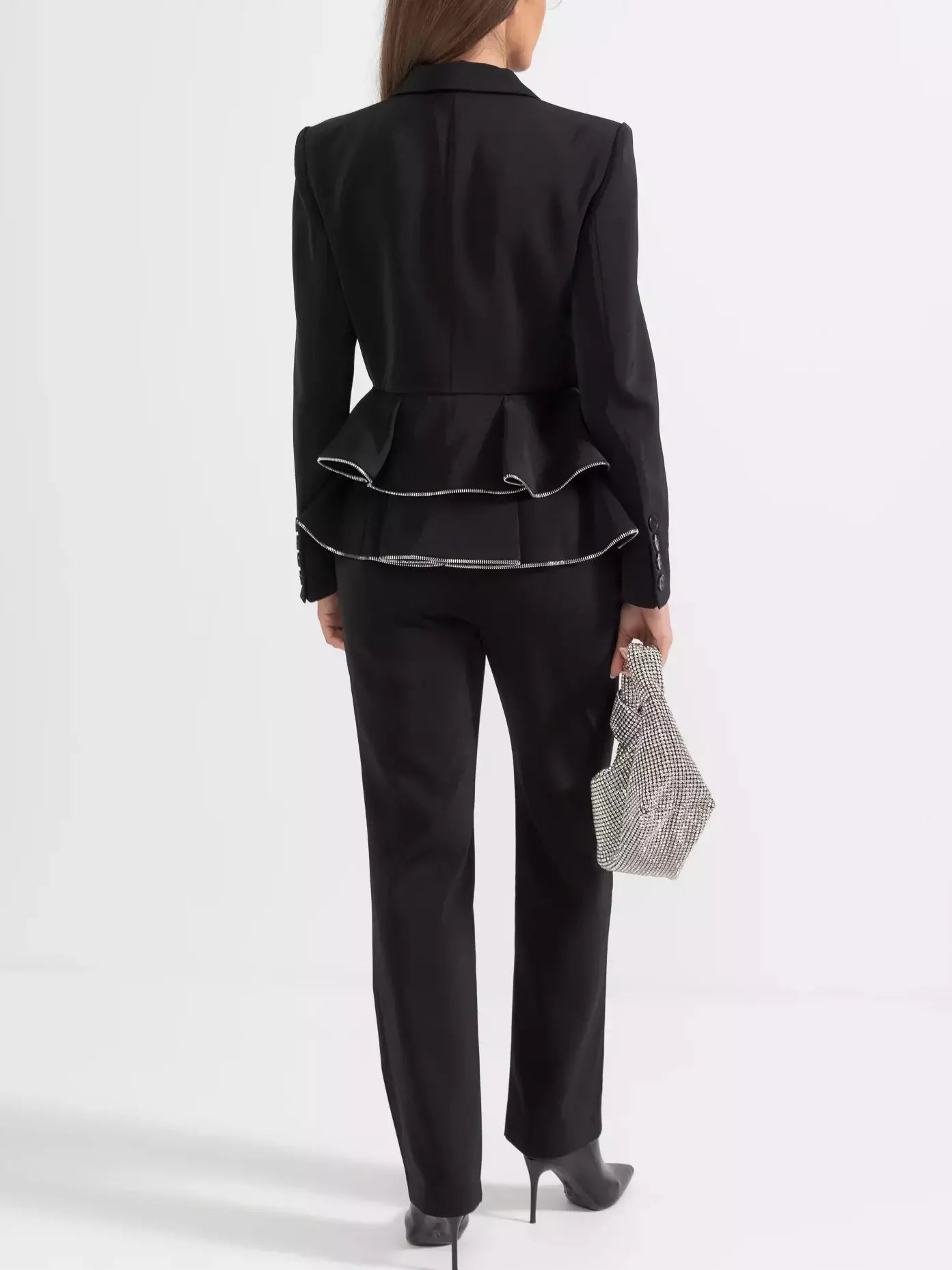 Black Ruffle Peplum Zip Blazer and Zip Pant Suit - Suits & Sets