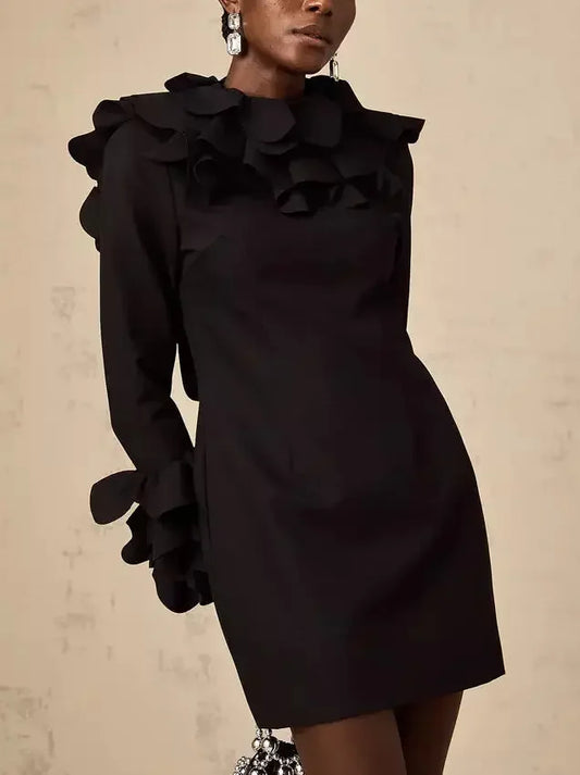 Black Ruffled Open-Back Mini Dress - Dresses