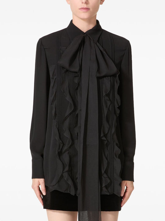 Black Ruffled Silk Georgette Blouse with Long Tie - Tops