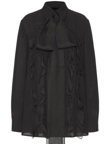 Black Ruffled Silk Georgette Blouse with Long Tie - Tops