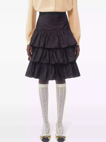 Black Ruffled Tiered Taffeta Skirt - Skirts