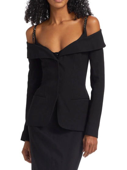 Black Sculptural Off-The-Shoulder Jacket - Jackets