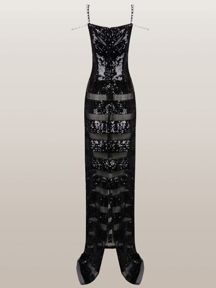 Black Sequin and Sheer-Paneled Pearl-Strap Gown - Dresses