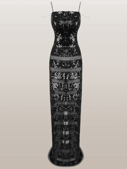 Black Sequin and Sheer-Paneled Pearl-Strap Gown - Dresses