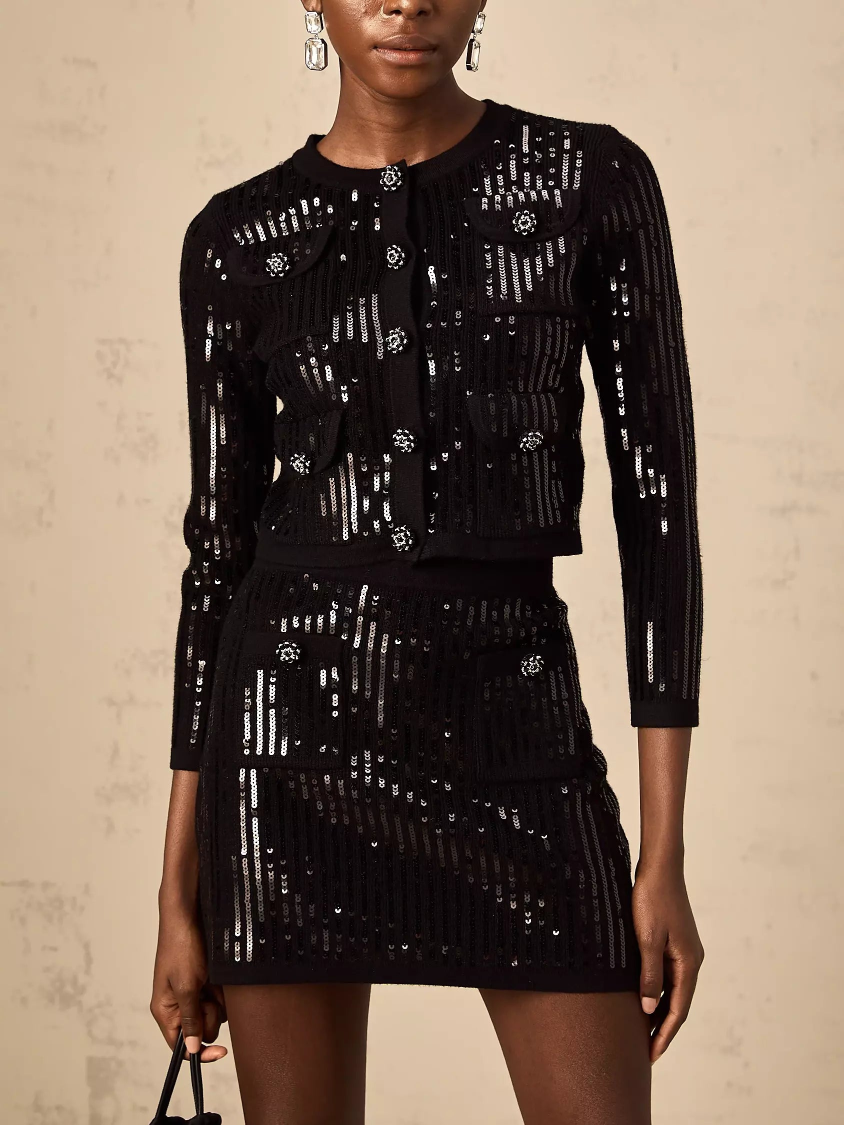Black Sequin Cropped Cardigan and Skirt Set showcasing glamorous style and sparkle